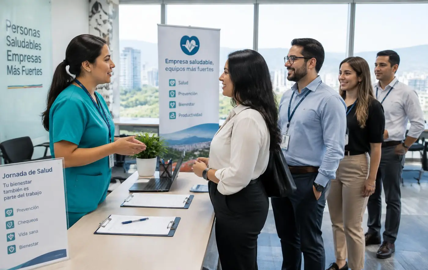Profesional de salud en uniforme turquesa atiende a colaboradores durante una jornada de salud en una oficina